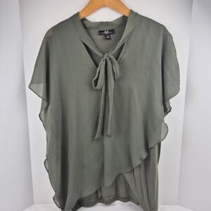 AGB Woman Olive Green Chiffon Tie Neck Poncho Top Blouse Plus Size 1X Romantic